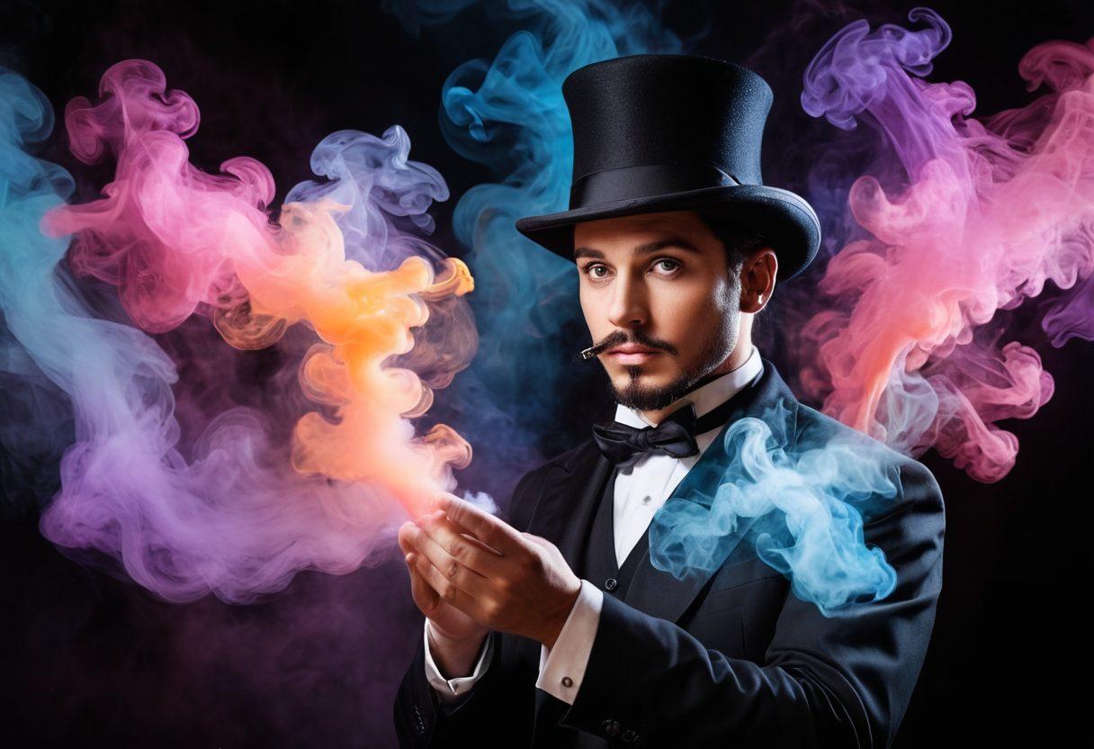 A close-up of a magician performing a mysterious trick, surrounded by ethereal wisps of colorful smoke representing psychic energy. Include an audience of captivated onlookers in the background, with expressions of awe and disbelief. Glowing symbols of illusion and telepathy float around, enhancing the mystical atmosphere. Soft lighting contrasts the dark stage, creating an enchanting vibe. super-realistic. vibrant colors. mystical atmosphere.