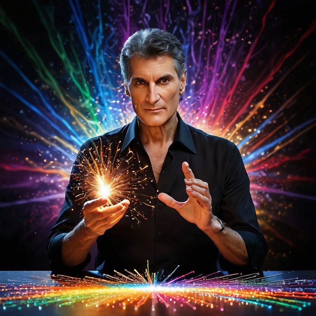 A mesmerizing portrait of Uri Geller surrounded by swirling colorful energy, showcasing various psychic phenomena like bending spoons and telekinesis. The background features a mysterious, dimly lit stage with sparks of light and an audience in awe, capturing the magic and illusion of his performances. Emphasize a mystical atmosphere with ethereal elements. super-realistic. vibrant colors. dramatic lighting.