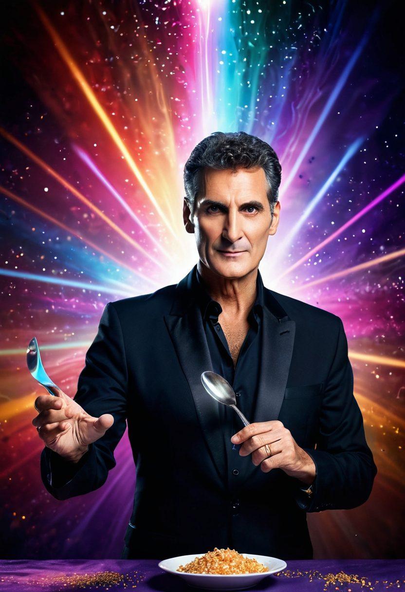 A mesmerizing collage of Uri Geller performing magic tricks, featuring a spoon bending in mid-air, vibrant swirling lights around him, and a captivated audience in awe. Ethereal symbols of mysticism and psychic energy illustrated in the background, creating an atmosphere of wonder. super-realistic. vibrant colors. mystical ambiance.